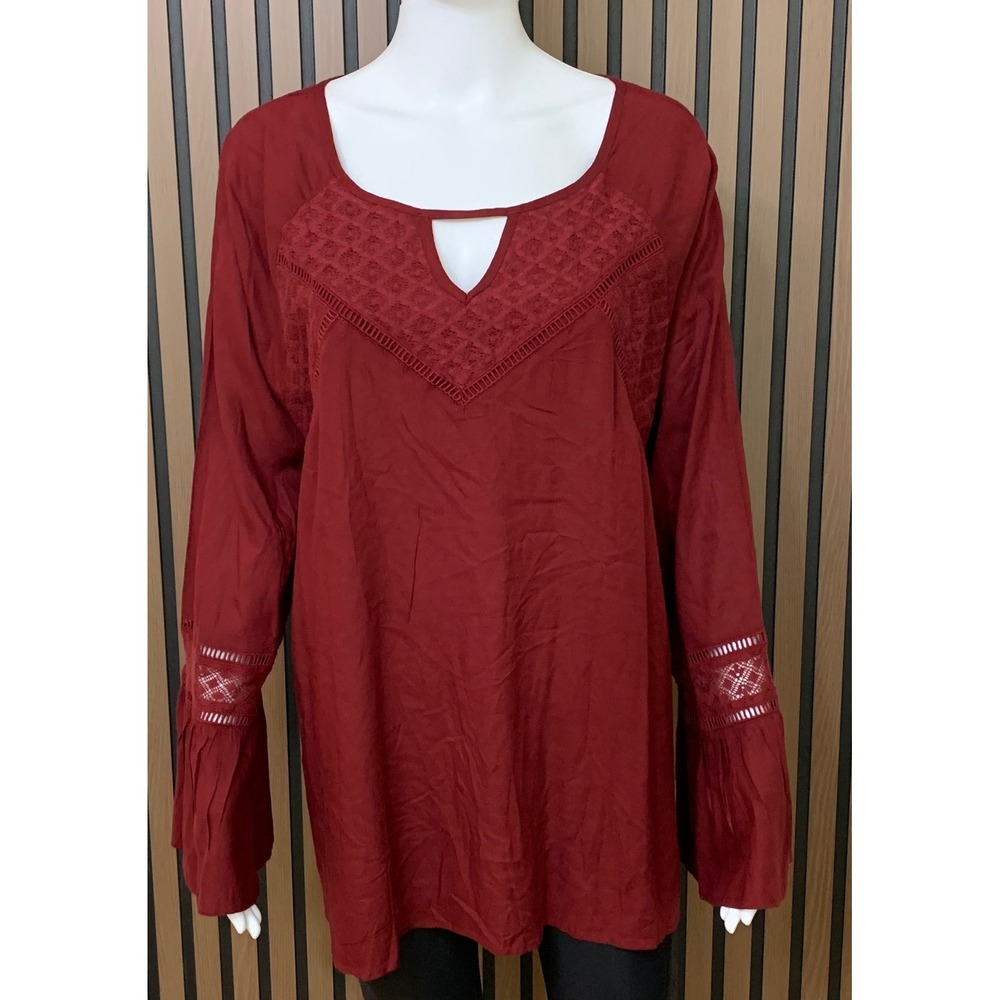Ariat Burgundy Lace Crochet Yoke Bell Sleeve Blouse XL Keyhole Boho Western Top